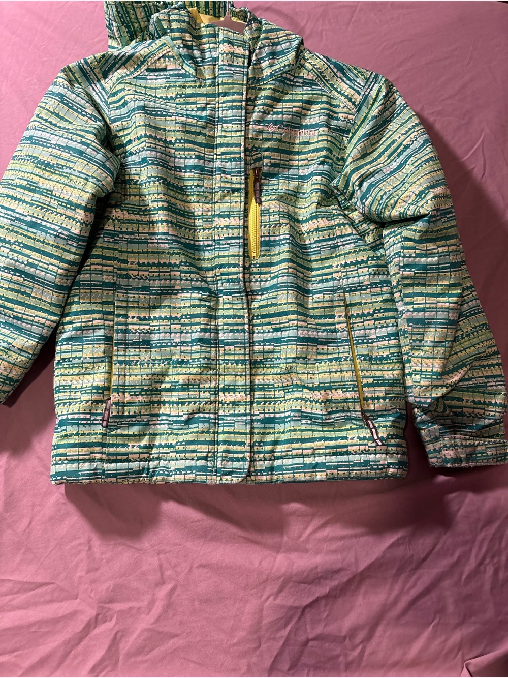 Columbia Girls' Patterned Hooded Puffer Jacket - Green & Yellow